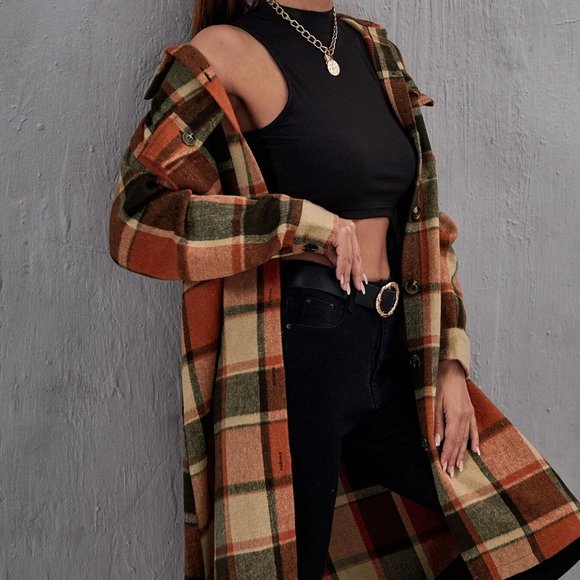 Casual Plaid Print Flap Pocket button down Duster Jacker Coat - Picture 6 of 7